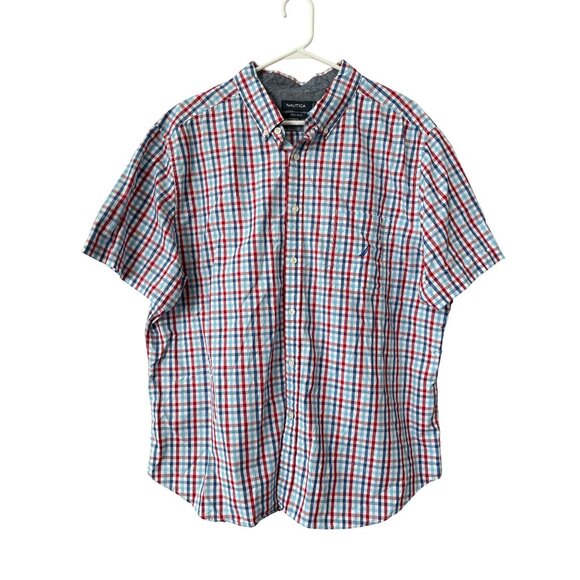 Nautica Shirt Size XXL Plaid Short Sleeve Button Up Classic Fit Blue Red Preppy - Picture 1 of 6